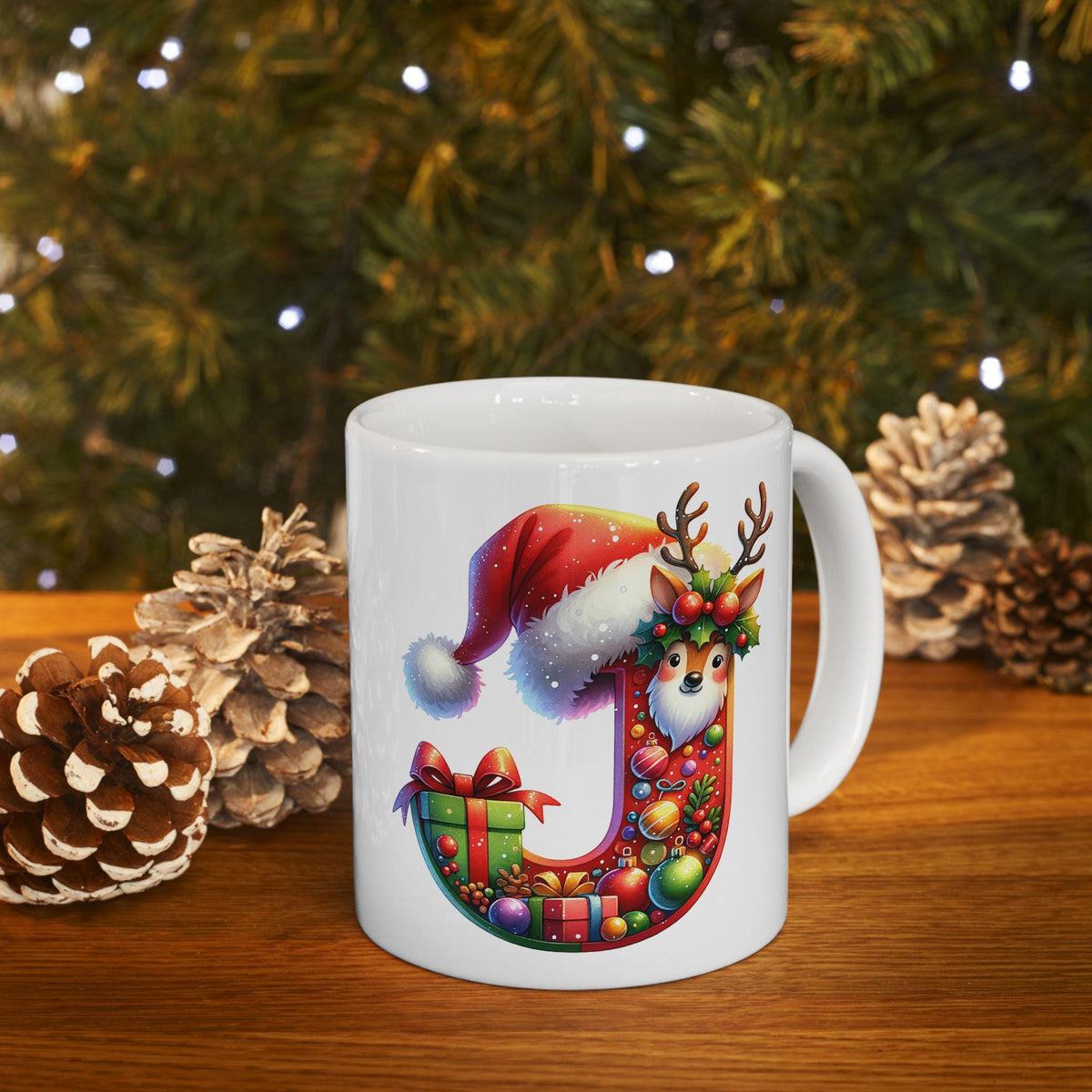 Christmas Letter J Mug, Reindeer Initial Cup, Holiday Monogram Mug, Personalized Christmas Gift, Santa Hat J Coffee Cup 11 oz