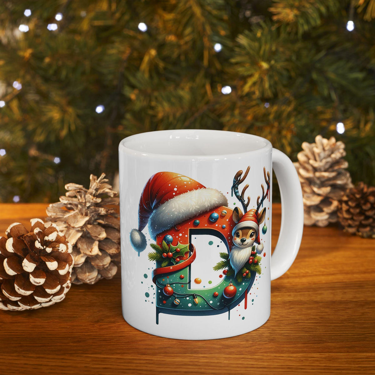 Christmas Letter D Mug, Reindeer Initial Mug, Santa Hat Monogram Cup, Personalized Holiday Gift 11 oz