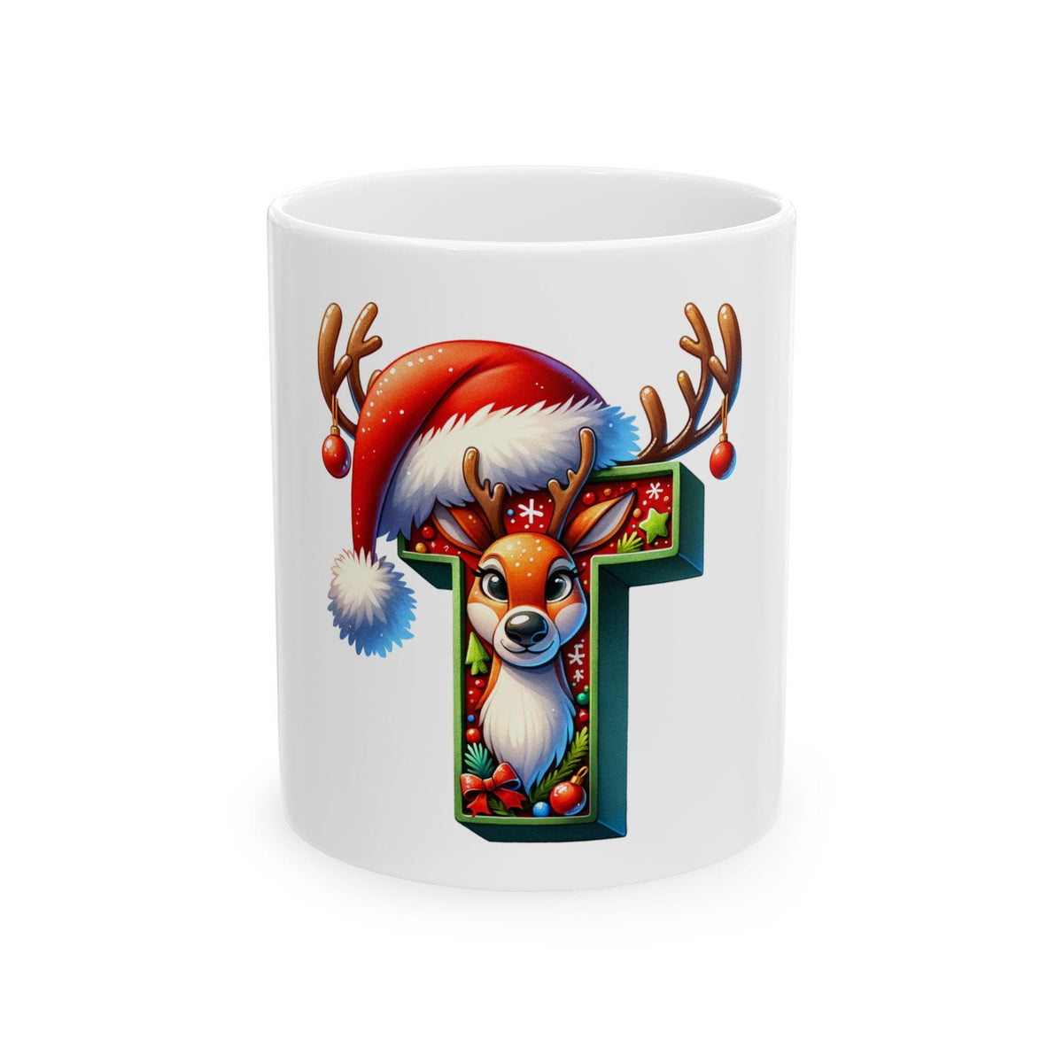 Reindeer Letter T Christmas Mug | Ceramic Coffee Cup 11 oz