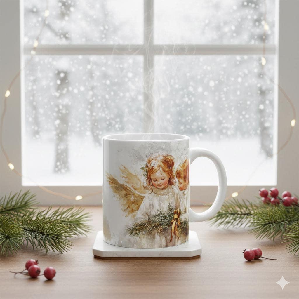 Vintage Christmas Angel Illustration Mug | Ceramic Coffee Cup 11 oz Kids gift