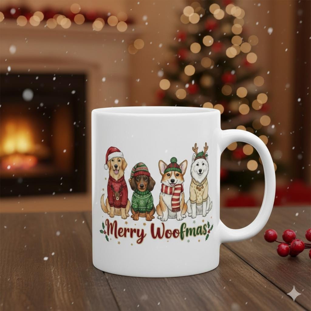 Merry Woofmas Dogs Mug | Christmas Dogs Ceramic Mug 11oz . Dog Mom
