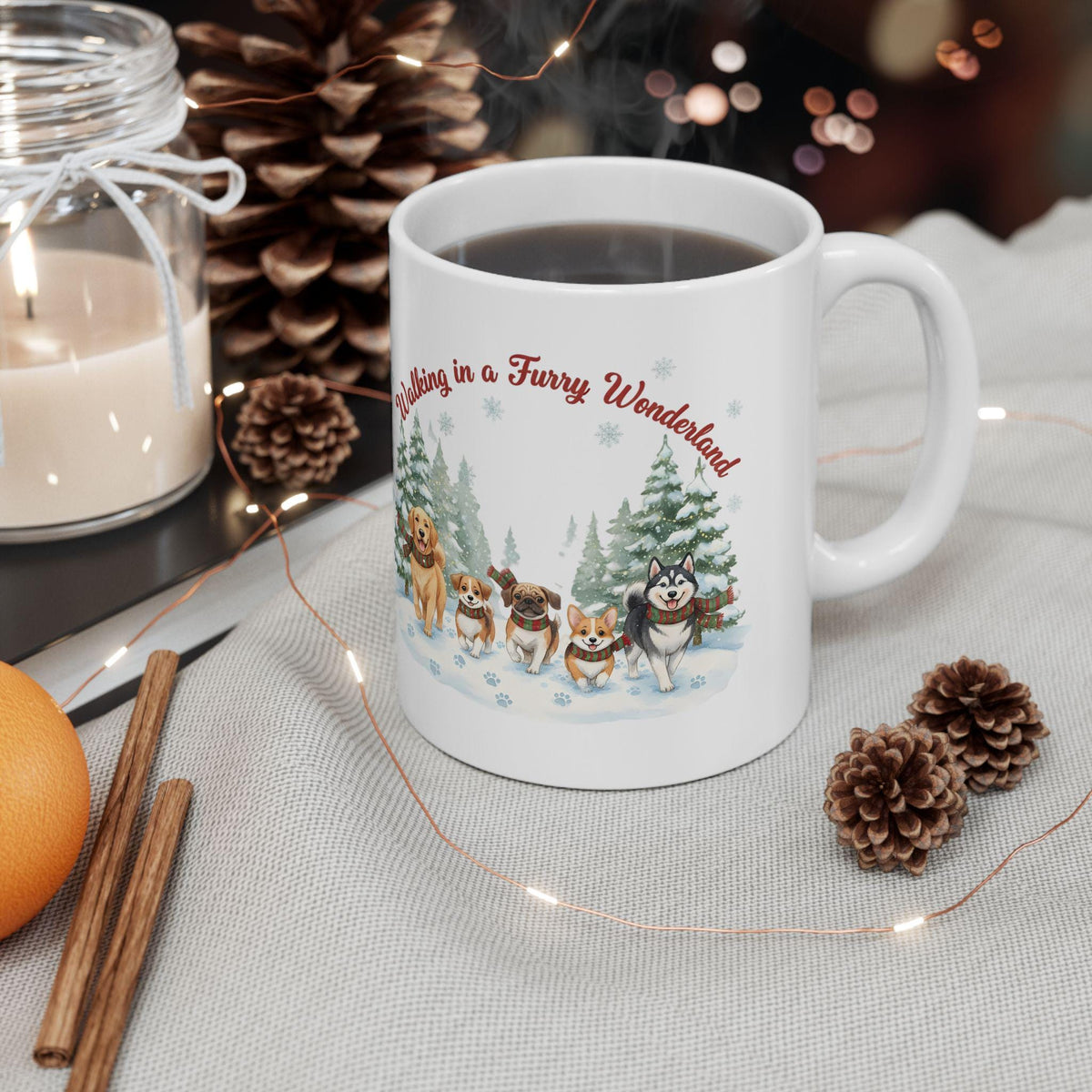 Walking in a Furry Wonderland Mug | Dog Pack Winter Scene 11 oz