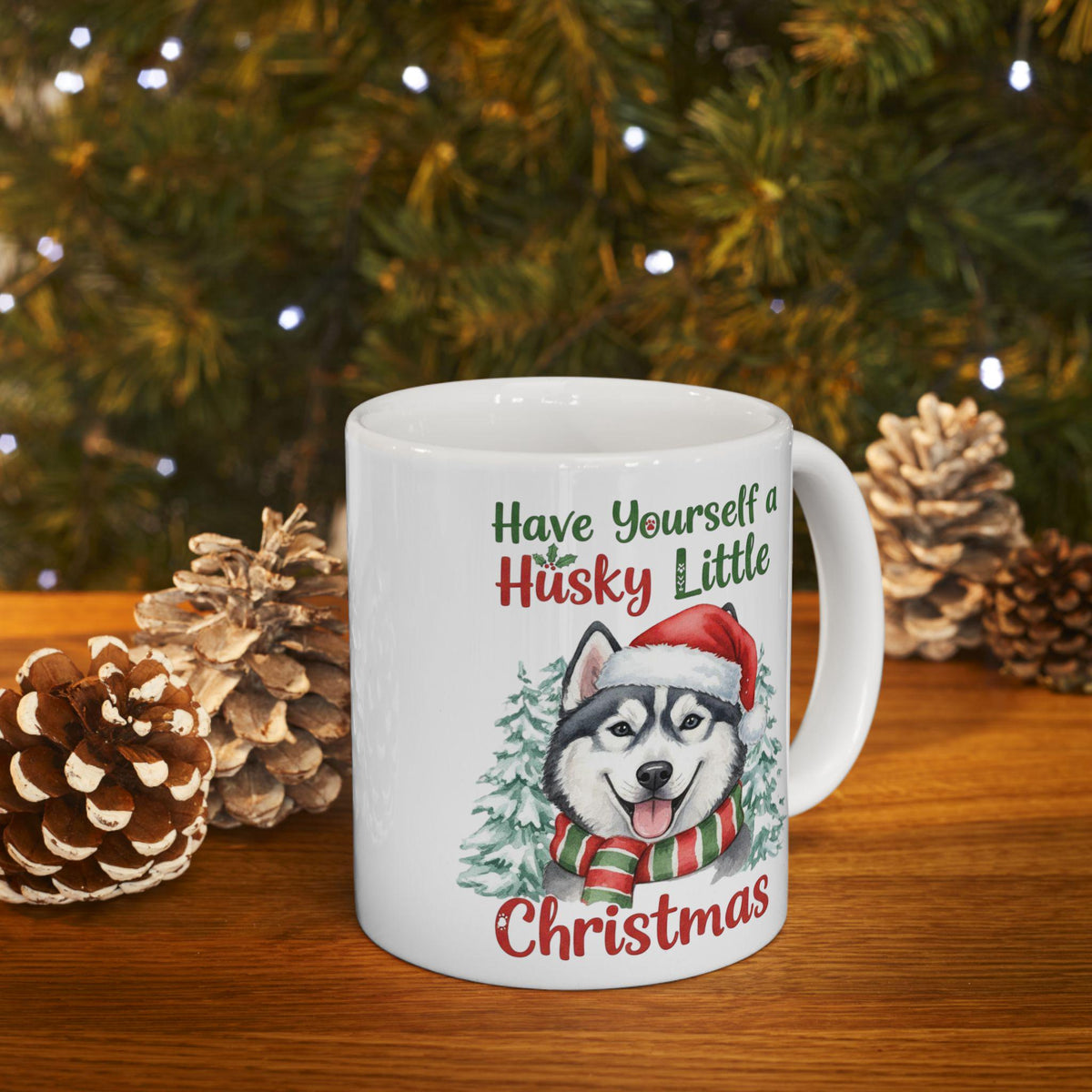 Husky in Santa Hat Christmas Mug | Holiday Dog Coffee Cup, Gift Dog Mug 11 oz