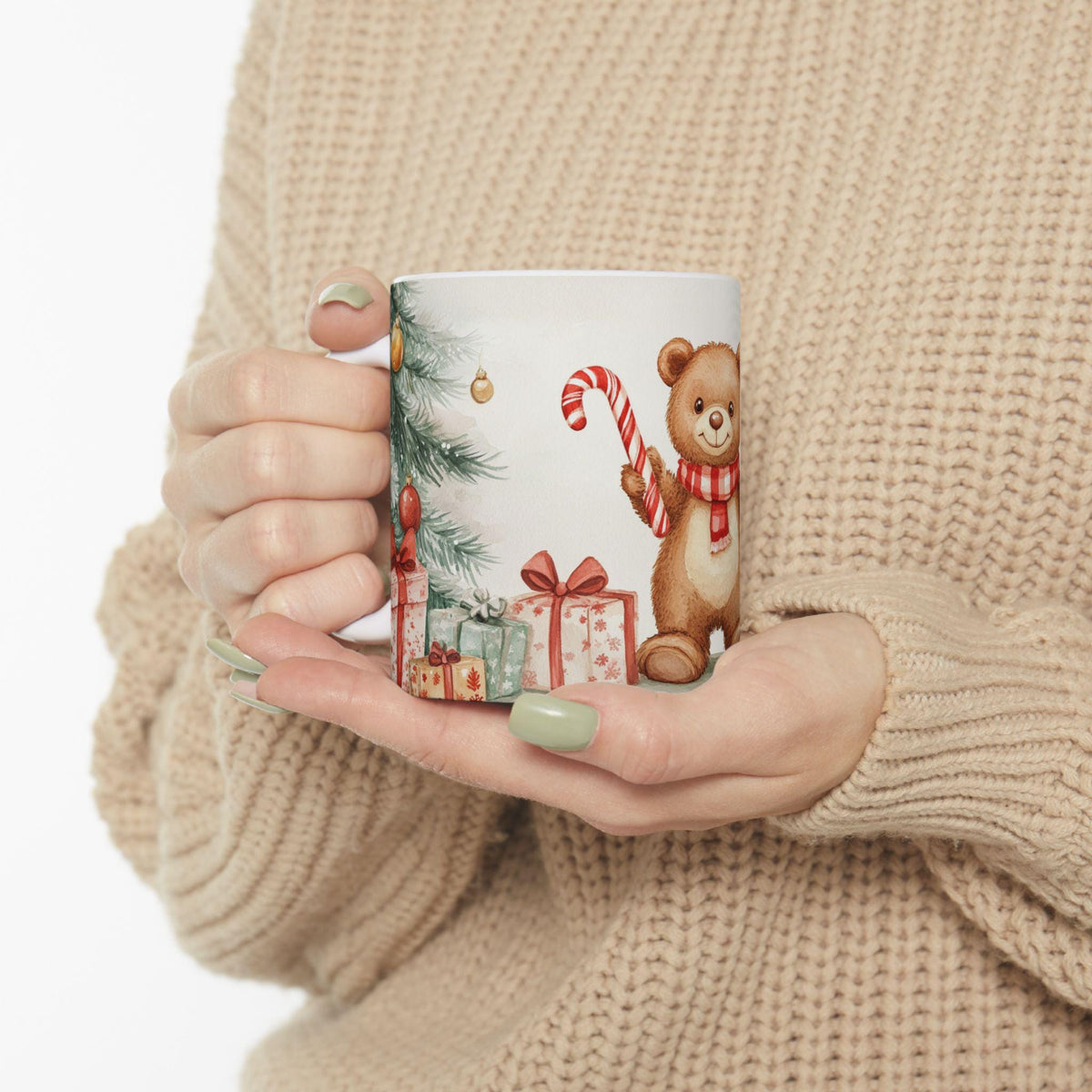 Cute Teddy Bear with Candy Cane Mug | Christmas Tree and Presents Holiday Mug 11 oz