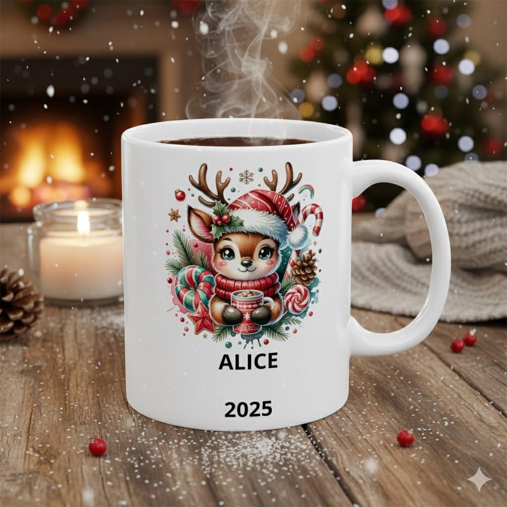 Personalized Reindeer Christmas Mug ,Custom Name & Year Holiday Mug ,Cute Kids Christmas Gift ,Winter Hot Cocoa Cup ,Coffee Mug 11 oz