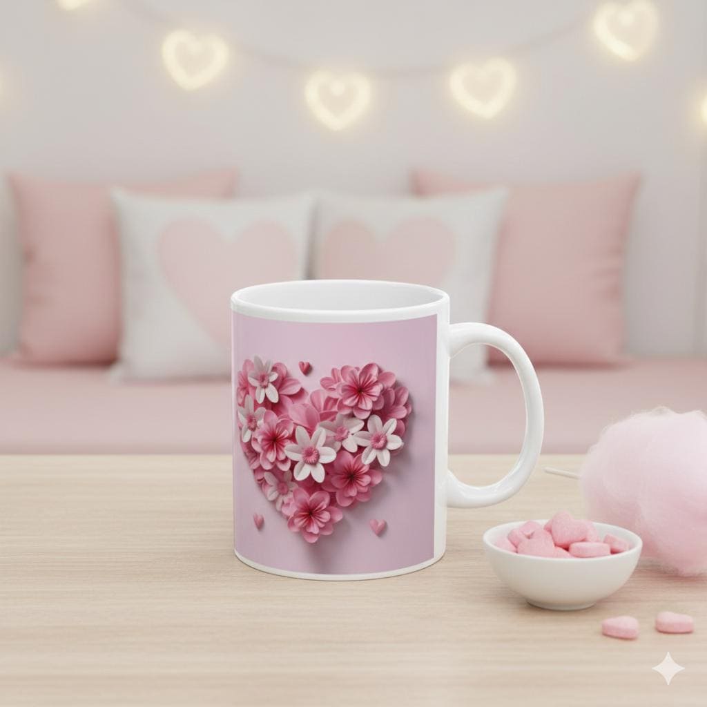Pink Floral Heart Mug ,Ceramic Coffee Cup, Floral Coffee Mug, Pink Flower Valentine Mug, Romantic Love Mug 11oz 15oz, Gift for Her