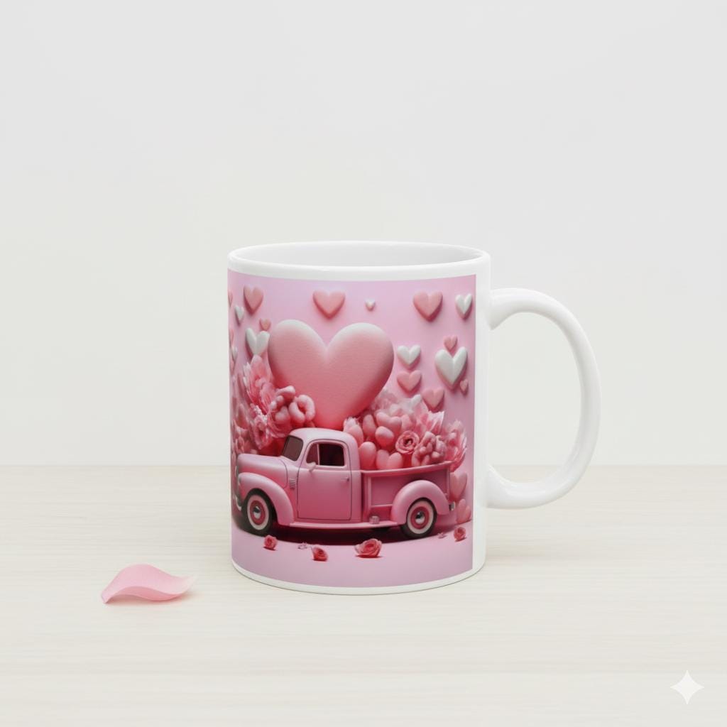 Pink Vintage Truck Mug, Heart Flower Valentine Coffee Mug, Romantic Love Mug 11oz 15oz