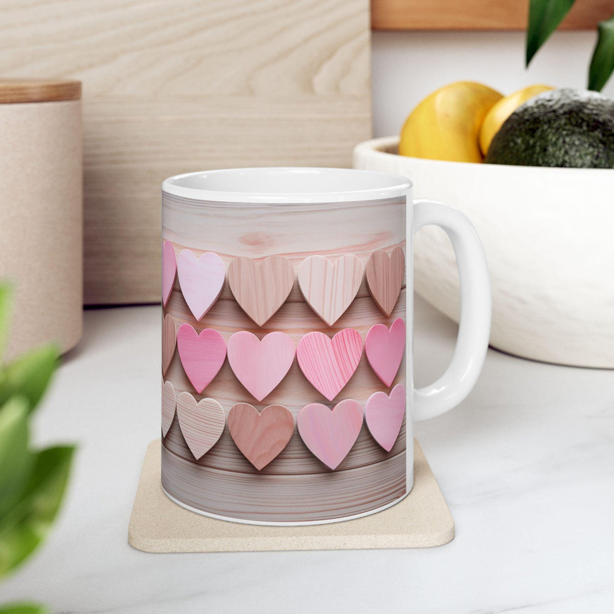 Pink Wooden Hearts Mug ,Ceramic Coffee Cup, Valentine Heart Tree Mug, Romantic Coffee Cup, Anniversary Gift Mug