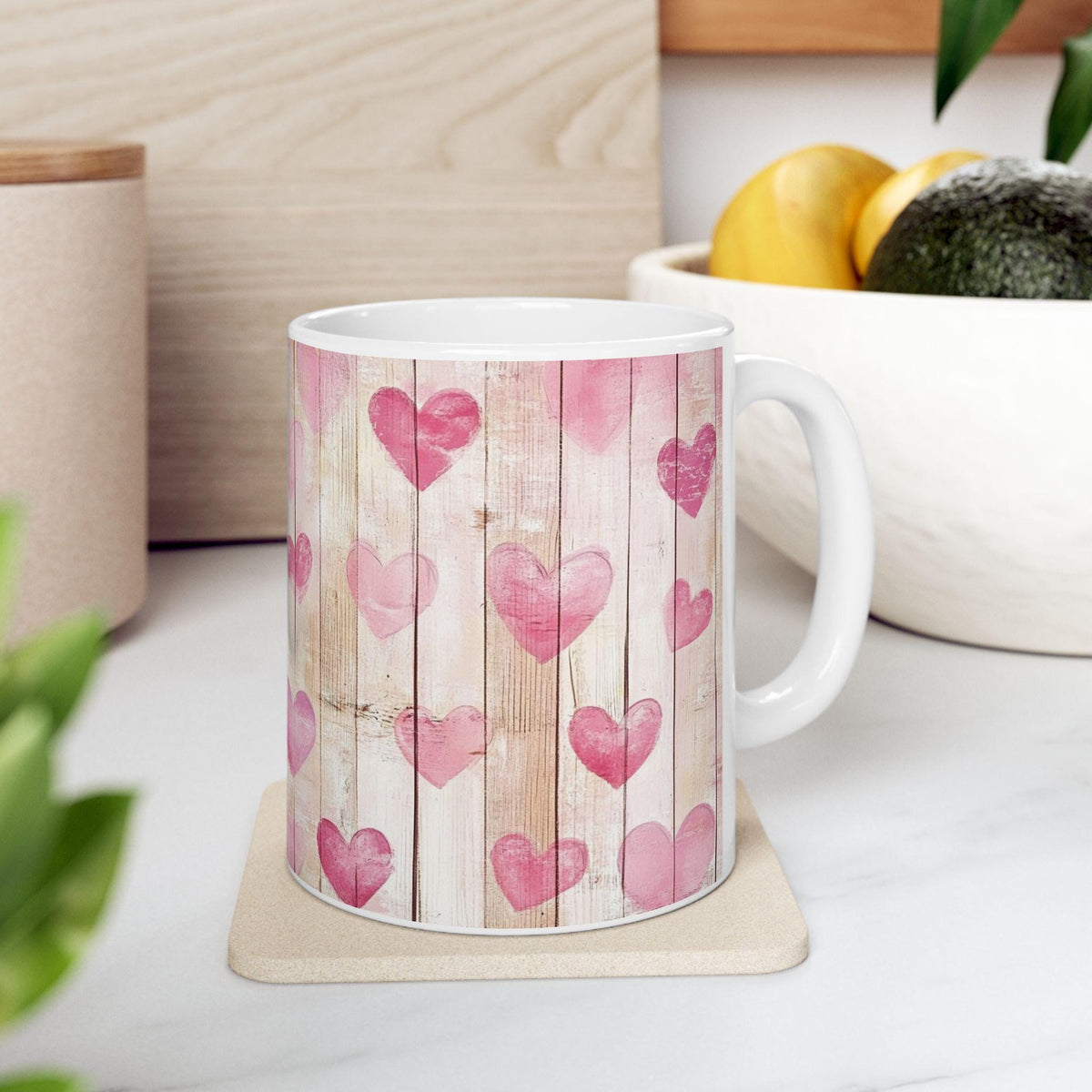Pink Watercolor Hearts Mug ,Rustic Wood Plank Valentine Coffee Cup,Valentine Mug, Love Pattern Coffee Cup, Cute Gift for Her
