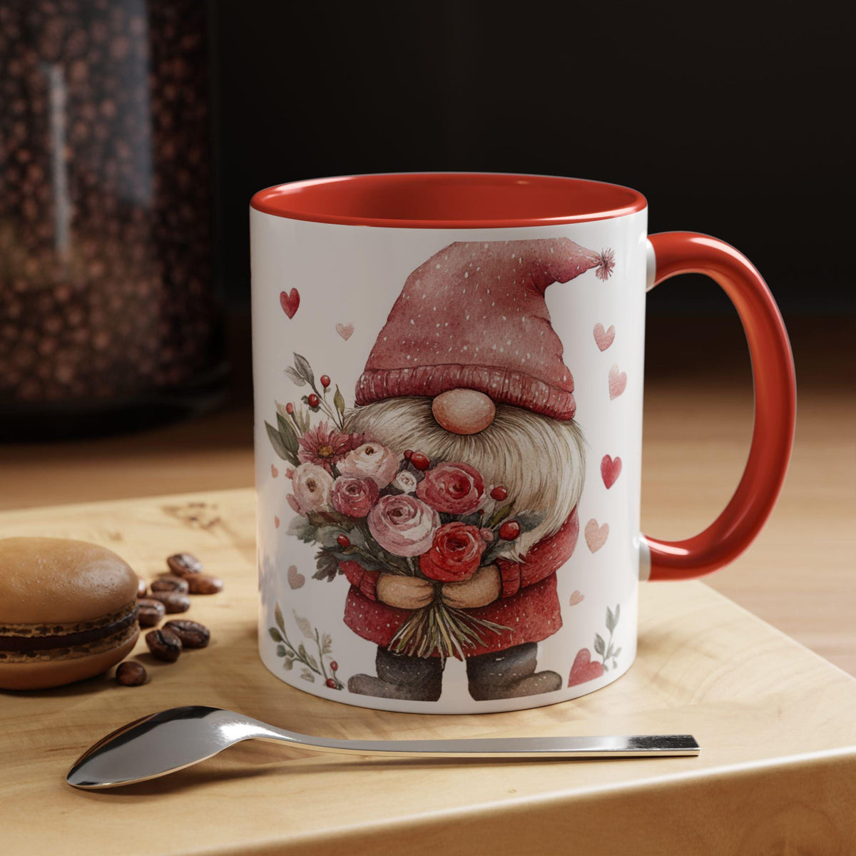 Valentine Gnome Holding Roses Mug , Accent Coffee Mug,Valentine Mug, Love Pattern Coffee Cup, Cute Gift for Her