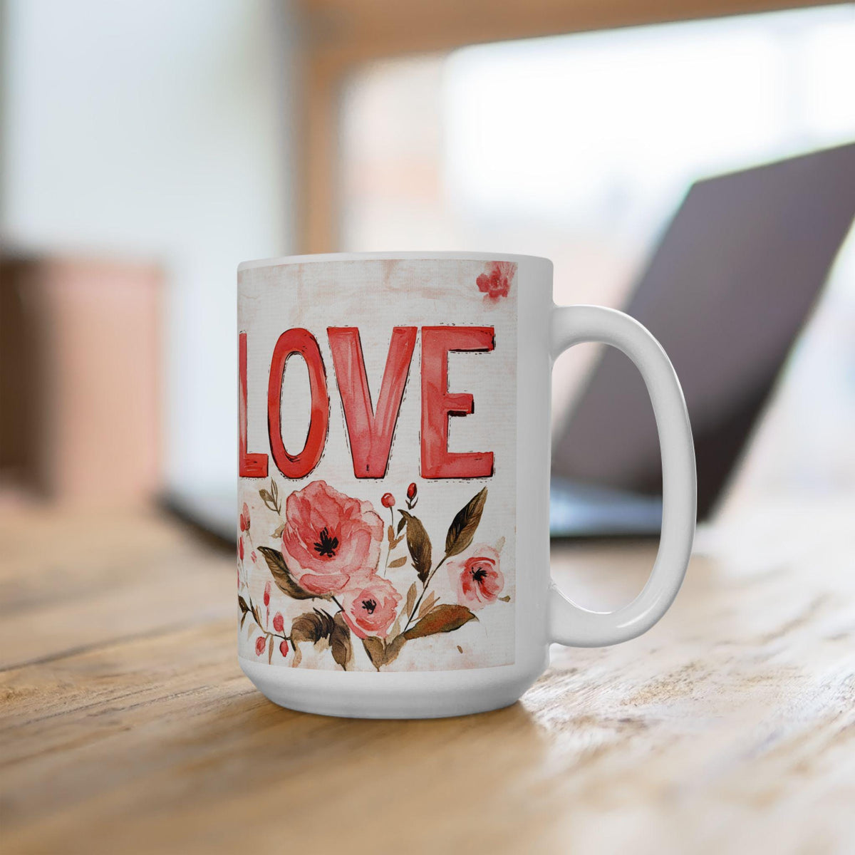 Love Floral Mug ,Ceramic Coffee Cup, Romantic Typography,Valentine Mug, Love Pattern Coffee Cup, Cute Gift for Her