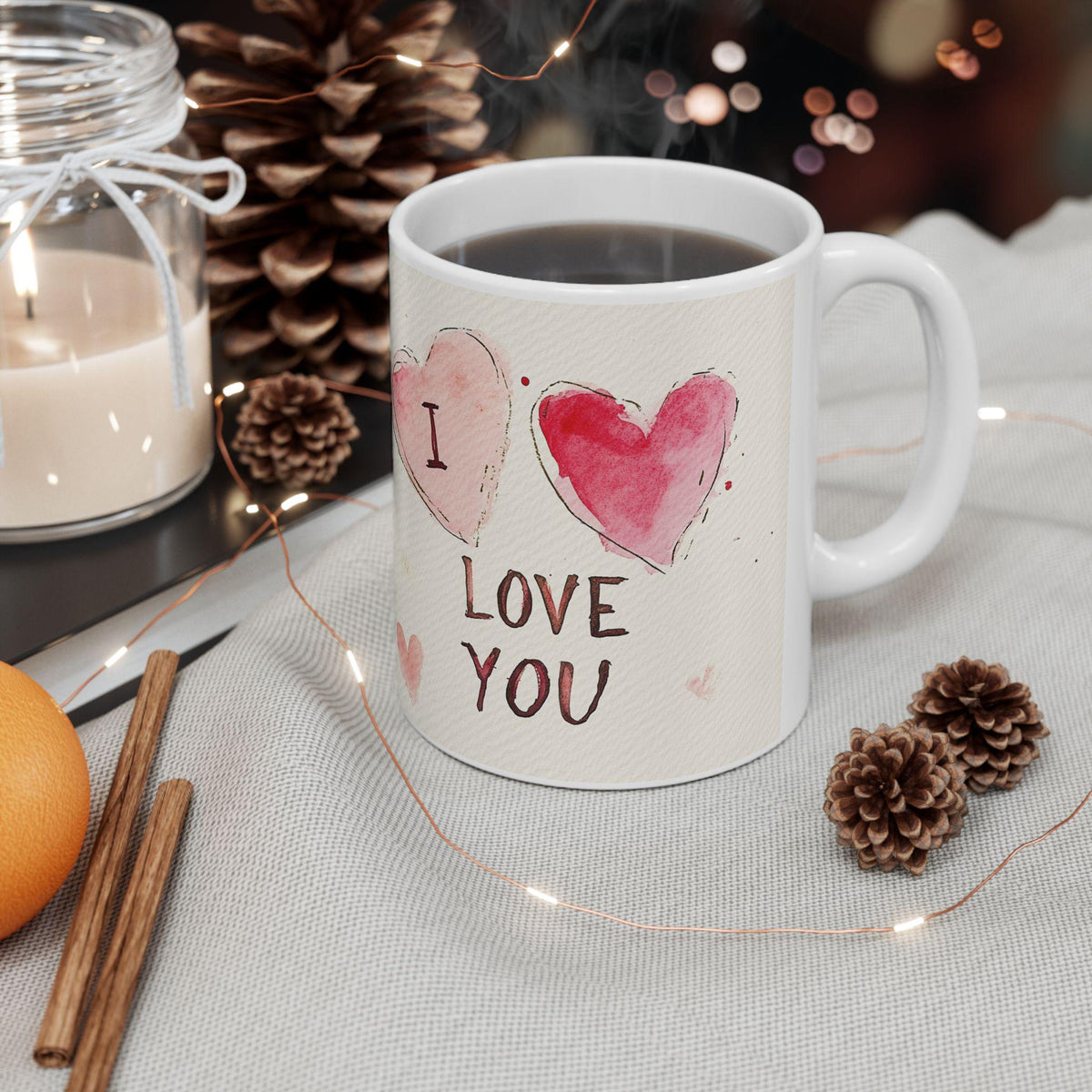 Watercolor Hearts I Love You Mug ,Ceramic Coffee Cup, Valentine Mug, Love Pattern Coffee Cup, Cute Gift for Her