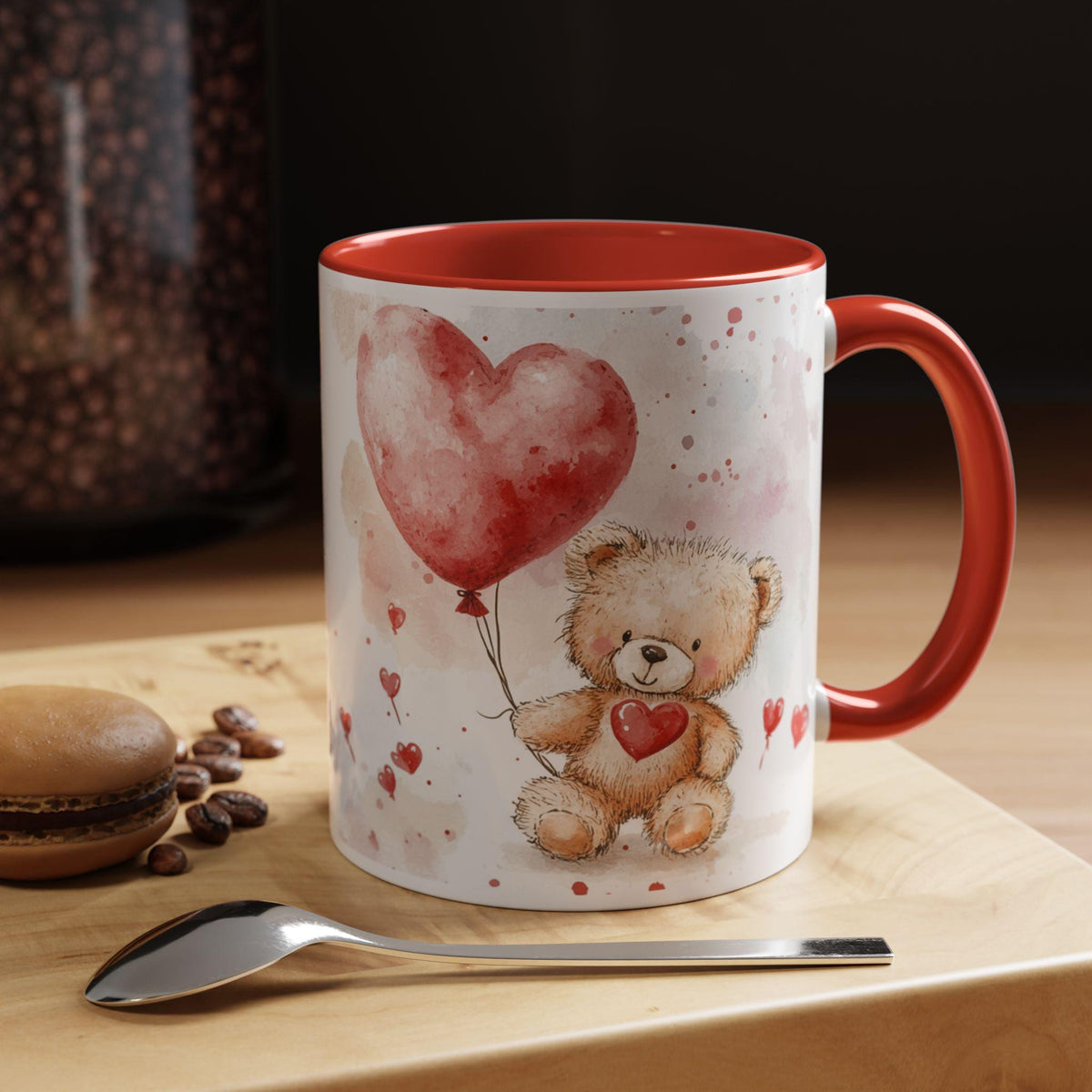 Watercolor Teddy with Heart Balloon Mug ,Accent Coffee Mug,Valentine Mug, Love Pattern Coffee Cup, Cute Gift for Her