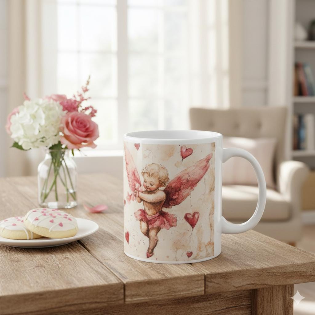 Vintage Cherub Hearts Mug ,Romantic Valentine Coffee Cup,Cupid Angel Mug, Vintage Valentine Coffee Mug, Romantic Love Mug