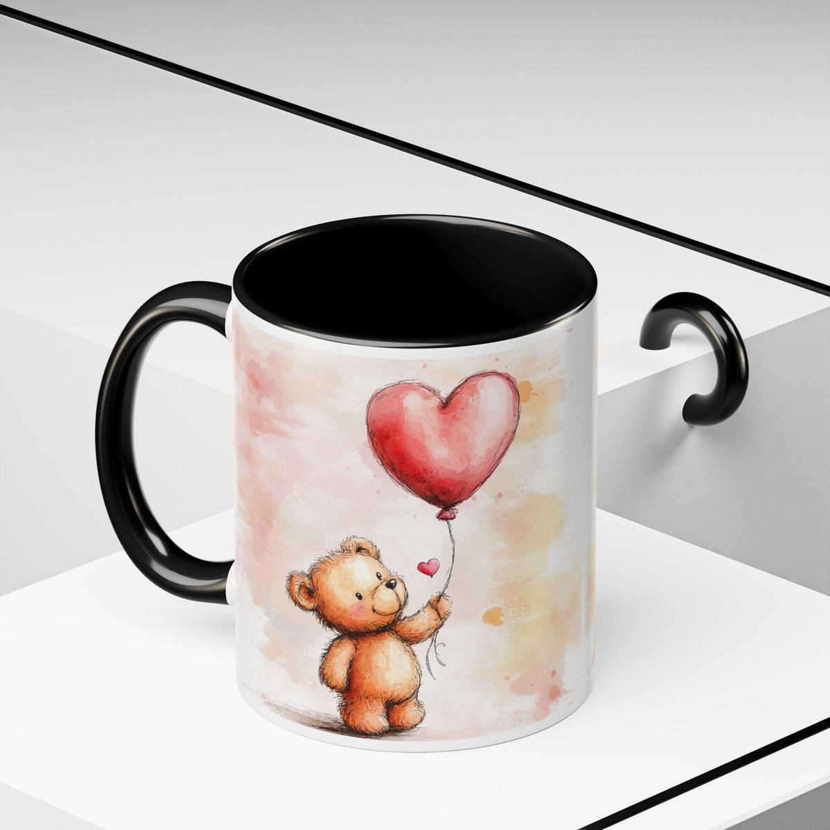 Teddy Bear with Heart Balloon Accent Coffee Mug , Watercolor Cute Love Design,Valentine Mug, Love Pattern Coffee Cup, Cute Gift for Her