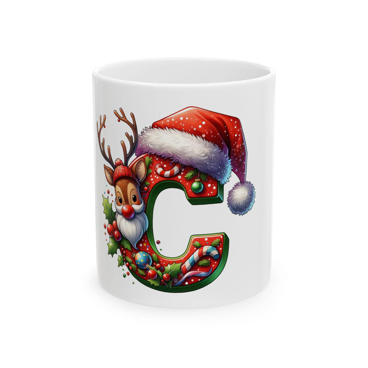 Christmas Letter C Mug | Santa Hat Reindeer Initial Holiday Ceramic Mug 11 oz