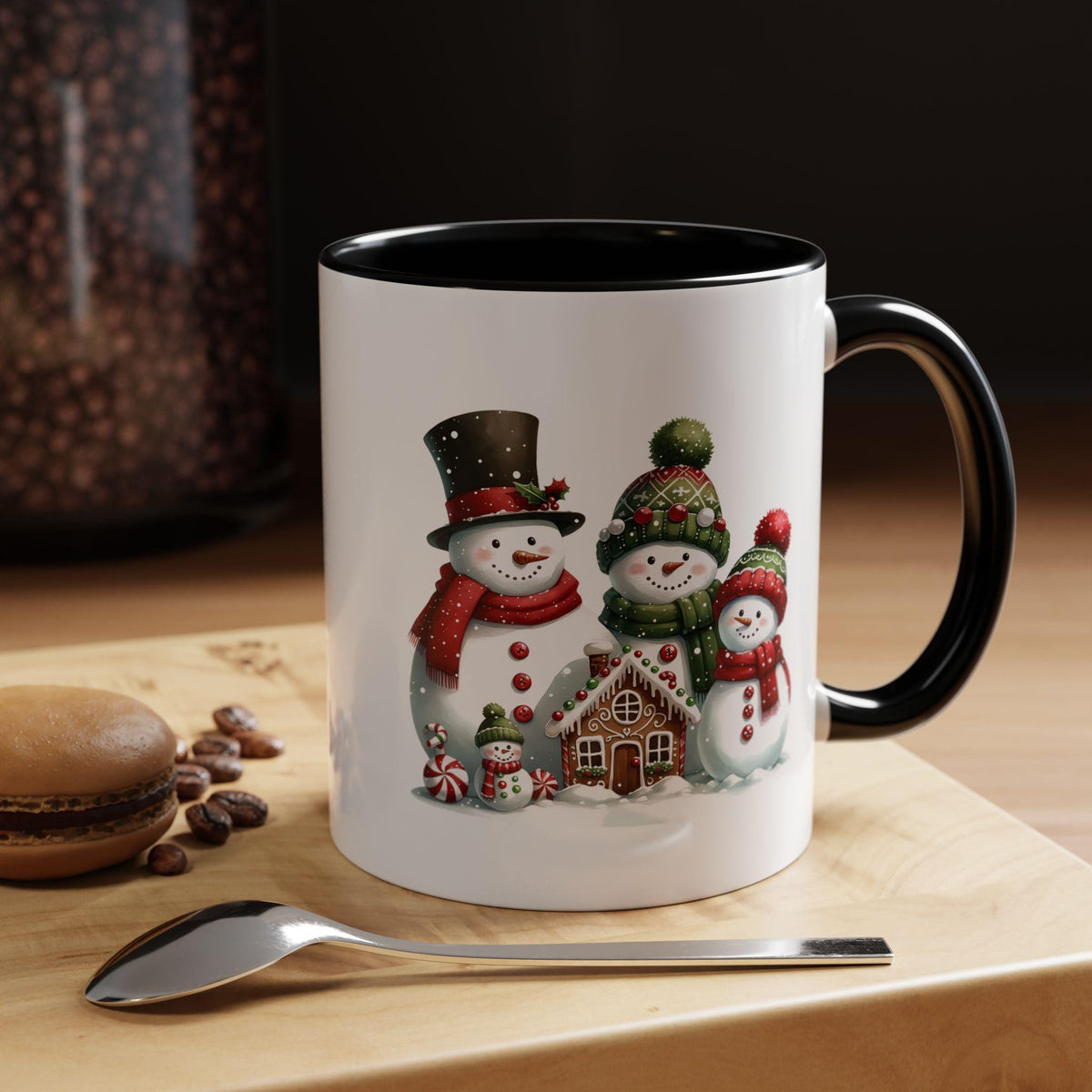 Snowman Family with Gingerbread House Mug , Christmas Accent Coffee Mug, Gift for Mom , Gift for Dad, Holiday gift 11 oz