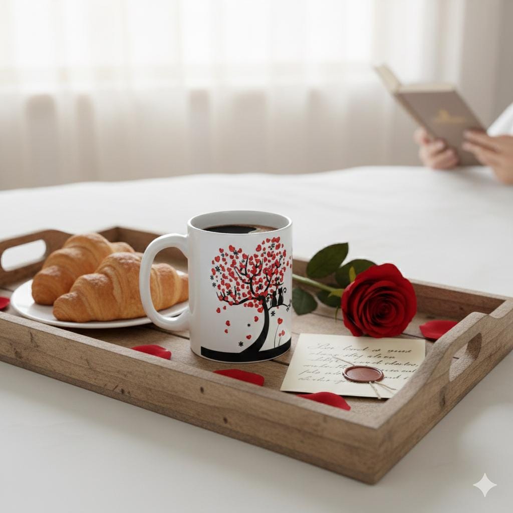 Romantic Cat Coffee Mug, Minimal Love Tree Mug, Valentine Gift for Cat Lovers, Cozy Couple Mug 11 oz