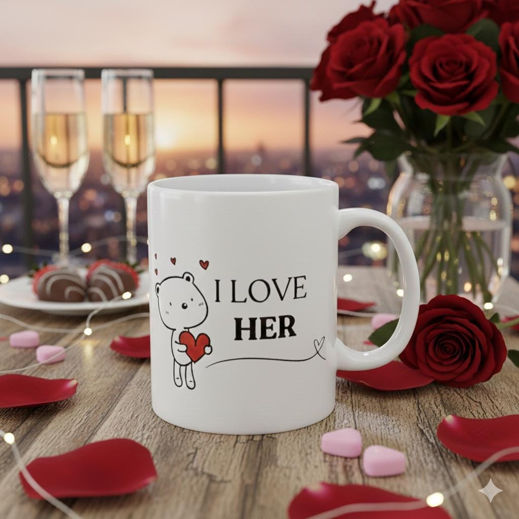 Valentine Mug for Girlfriend – Cute Bear Holding Heart Coffee Mug, Romantic Love Gift, 11 oz