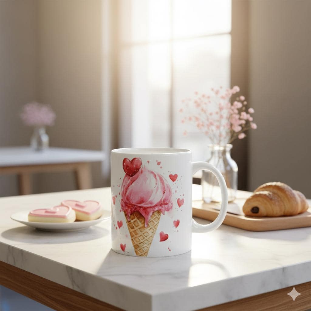 Valentine Mug,Heart Ice Cream Cone Mug ,Valentine Pink Hearts Ceramic Mug, Gift for friend