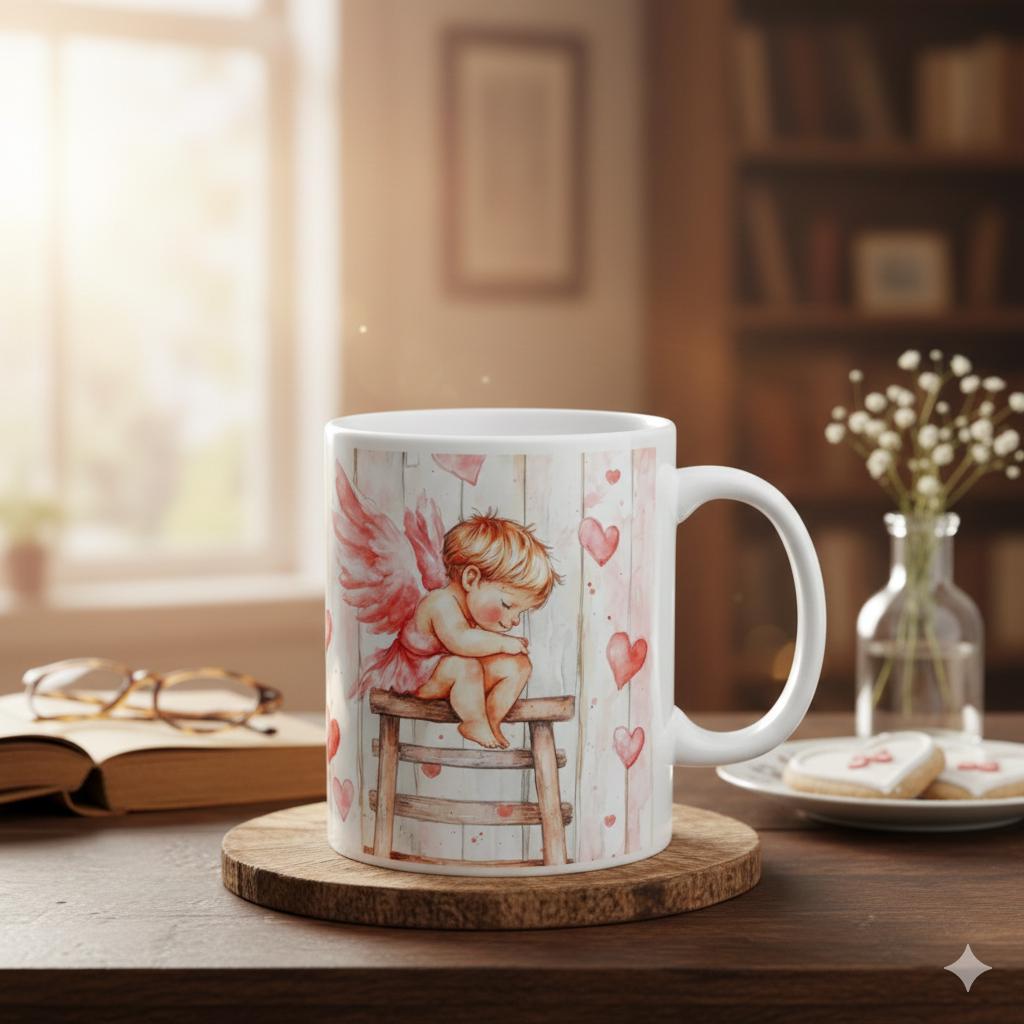 Watercolor Angel Wings Hearts Mug ,Valentine Day Book Lover Mug, Romantic Watercolor Books , Hearts Coffee Cup, Gift for Reader
