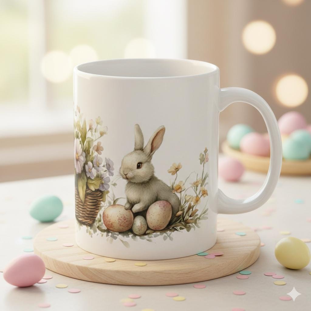 Easter Bunny and Eggs Coffee Mug, Watercolor Rabbit in Flower Basket Cup, Spring Floral Mug for Her, Cute Easter Basket Filler