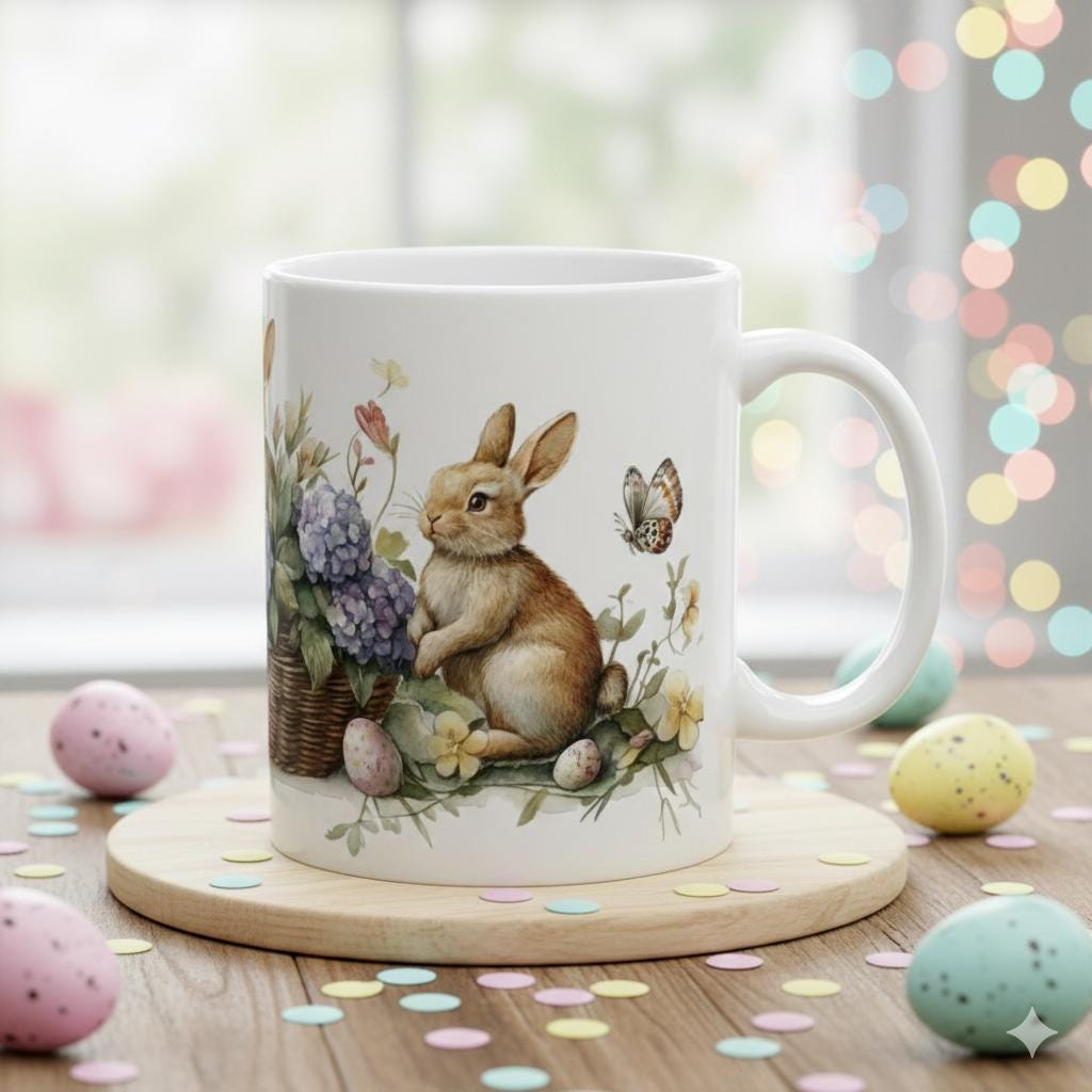 Easter Bunny and Butterfly Mug, Watercolor Rabbit in Flower Basket, Purple Floral Spring Mug, Cute Easter Gift for Her
