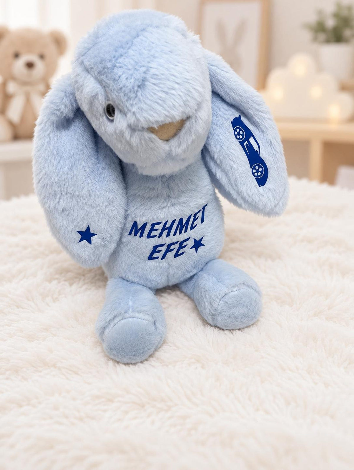 Personalized Blue Car & Stars Bunny Plush
