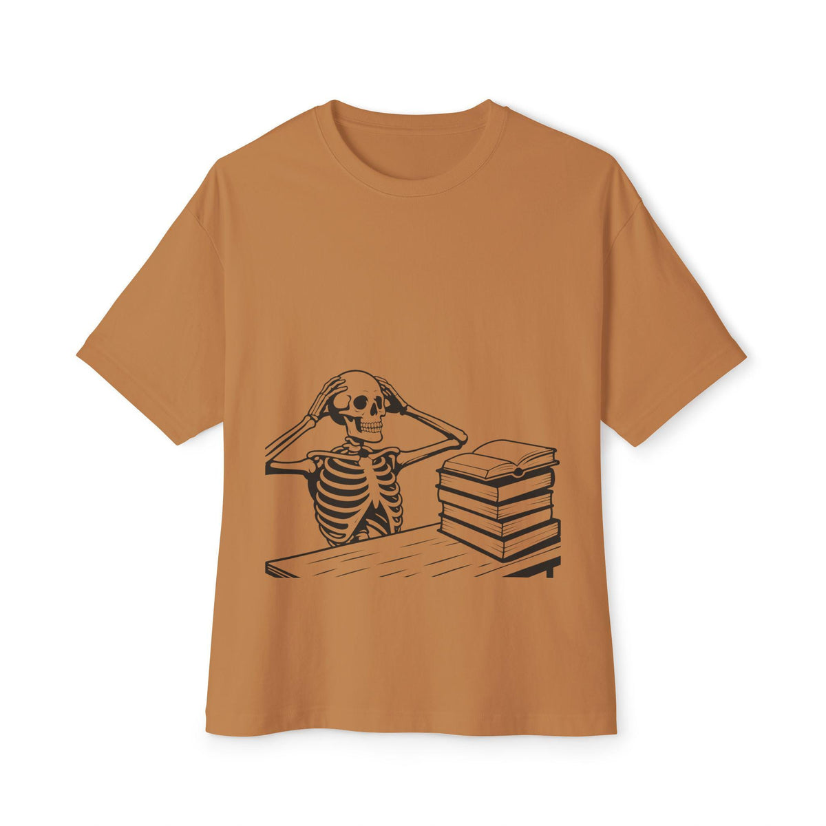 Study Skeleton Boxy Tee: Funny Student Life Shirt