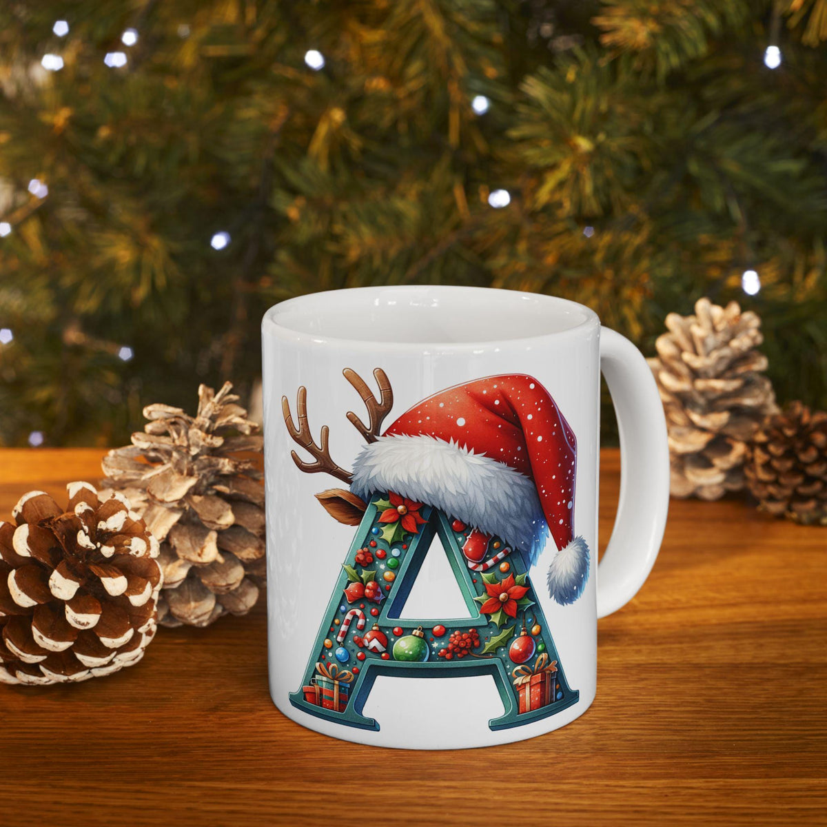 Letter A Christmas Monogram Mug | Santa Hat Reindeer Holiday Initial Ceramic Mug 11 oz