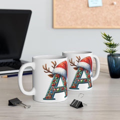 Letter A Christmas Monogram Mug | Santa Hat Reindeer Holiday Initial Ceramic Mug 11 oz