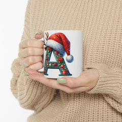 Letter A Christmas Monogram Mug | Santa Hat Reindeer Holiday Initial Ceramic Mug 11 oz