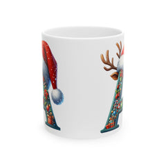 Letter A Christmas Monogram Mug | Santa Hat Reindeer Holiday Initial Ceramic Mug 11 oz