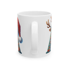 Letter A Christmas Monogram Mug | Santa Hat Reindeer Holiday Initial Ceramic Mug 11 oz