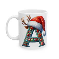 Letter A Christmas Monogram Mug | Santa Hat Reindeer Holiday Initial Ceramic Mug 11 oz