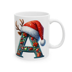 Letter A Christmas Monogram Mug | Santa Hat Reindeer Holiday Initial Ceramic Mug 11 oz