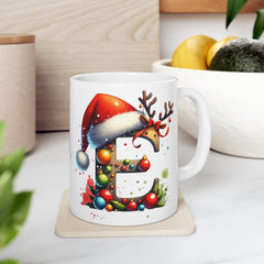 Christmas Letter E Mug, Reindeer Initial Mug, Santa Hat Monogram Cup, Personalized Holiday Gift 11 oz