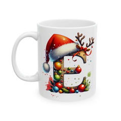 Christmas Letter E Mug, Reindeer Initial Mug, Santa Hat Monogram Cup, Personalized Holiday Gift 11 oz