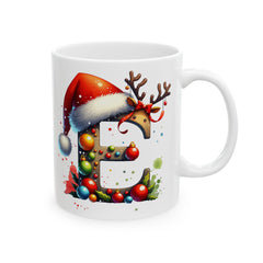 Christmas Letter E Mug, Reindeer Initial Mug, Santa Hat Monogram Cup, Personalized Holiday Gift 11 oz