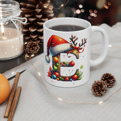 Christmas Letter E Mug, Reindeer Initial Mug, Santa Hat Monogram Cup, Personalized Holiday Gift 11 oz