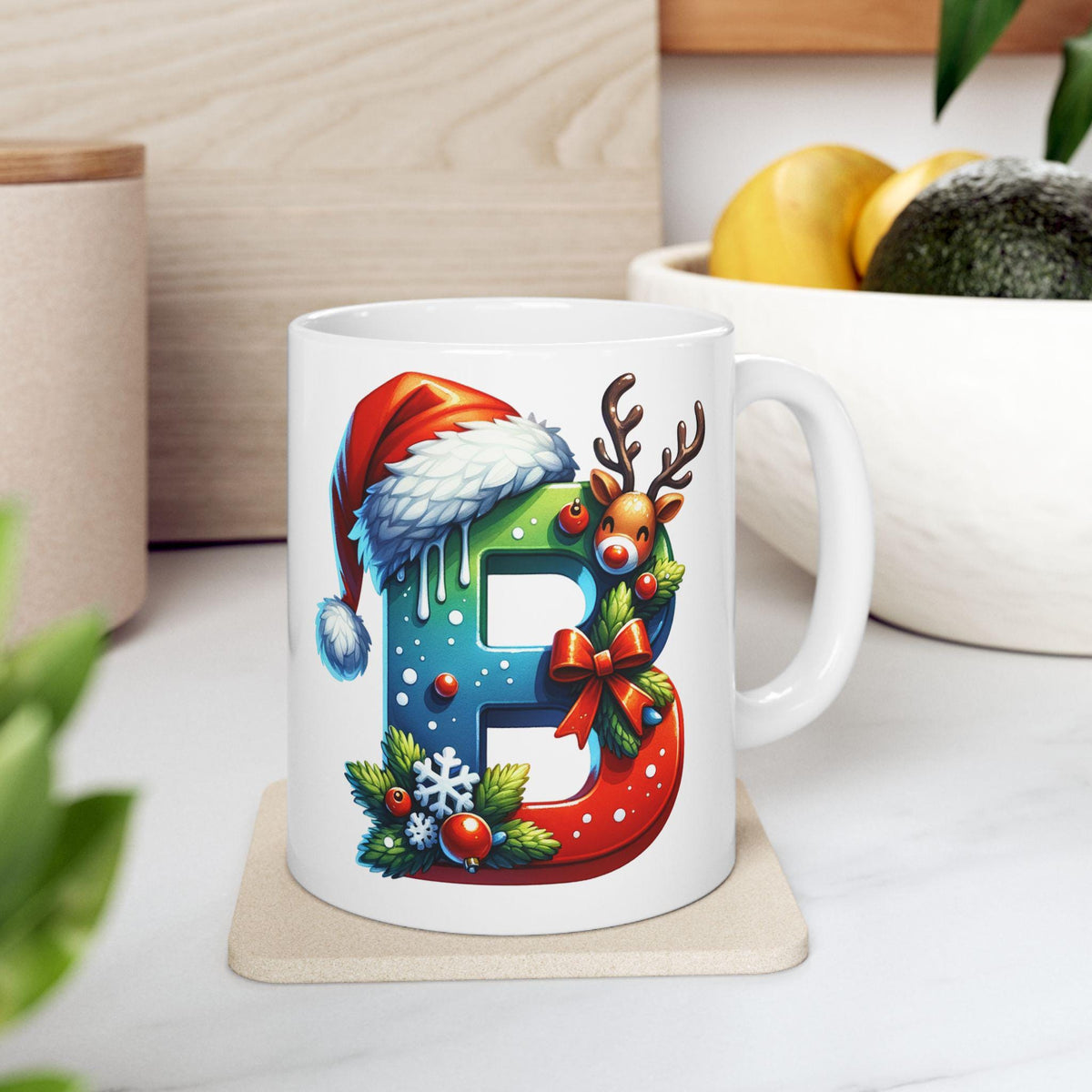 Christmas Letter B Mug , Reindeer Monogram Mug , Santa Hat Initial Mug ,Personalized Christmas Gift ,Holiday Letter B  Coffee Mug 11 oz