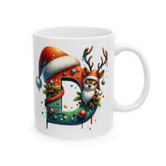 Christmas Letter D Mug, Reindeer Initial Mug, Santa Hat Monogram Cup, Personalized Holiday Gift 11 oz
