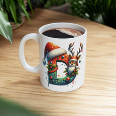 Christmas Letter D Mug, Reindeer Initial Mug, Santa Hat Monogram Cup, Personalized Holiday Gift 11 oz