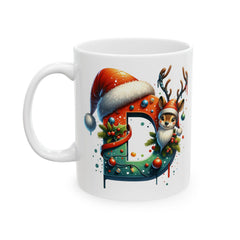 Christmas Letter D Mug, Reindeer Initial Mug, Santa Hat Monogram Cup, Personalized Holiday Gift 11 oz