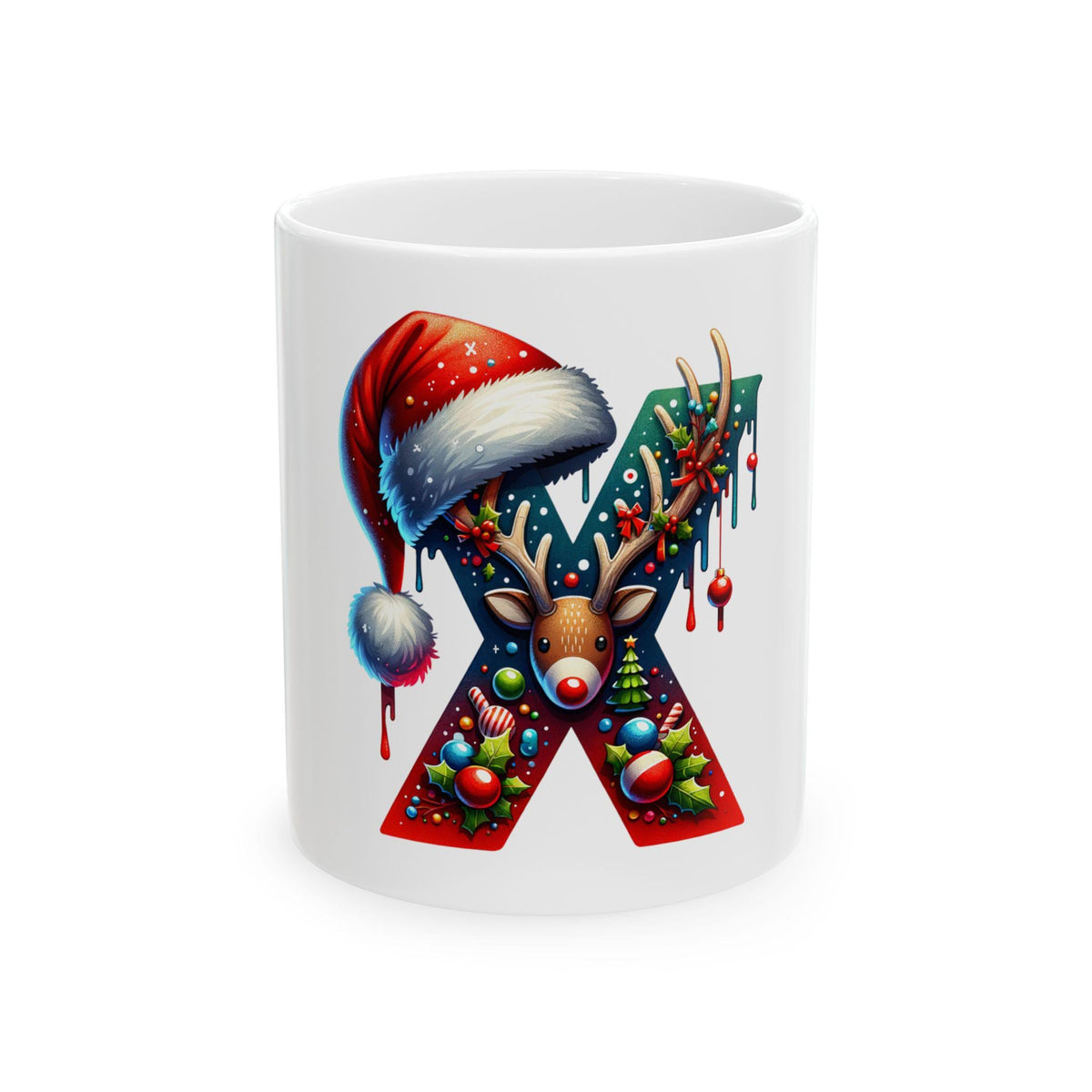 Reindeer Letter X Christmas Mug | Holiday Santa Hat Initial Mug 11 oz