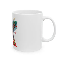 Reindeer Letter X Christmas Mug | Holiday Santa Hat Initial Mug 11 oz
