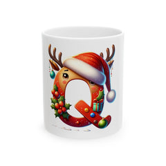 Holiday Reindeer Letter Q Mug | Christmas Ceramic Mug 11 oz