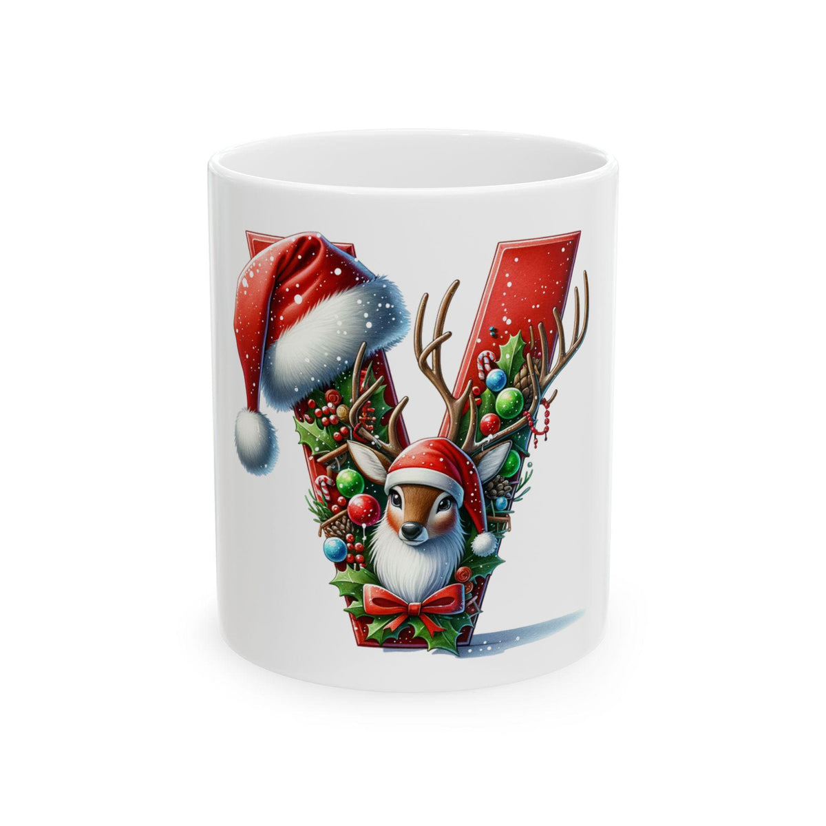 Santa Reindeer Letter V Mug | Christmas Ceramic Coffee Cup 11 oz