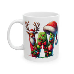 Christmas Letter W Mug | Festive Santa Reindeer Hat Holiday Ceramic Mug 11 oz