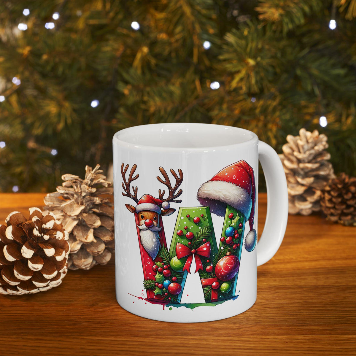 Christmas Letter W Mug | Festive Santa Reindeer Hat Holiday Ceramic Mug 11 oz